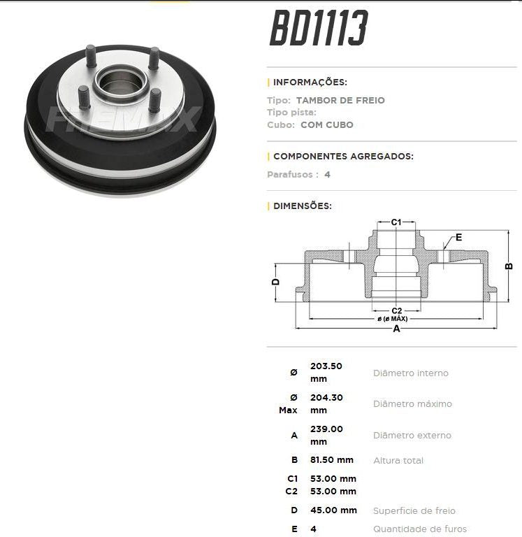 Tambor de freio traseiro FreMax BD1113