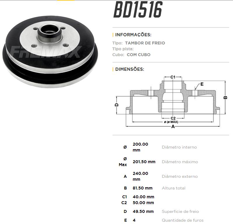 Tambor de freio traseiro FreMax BD1516