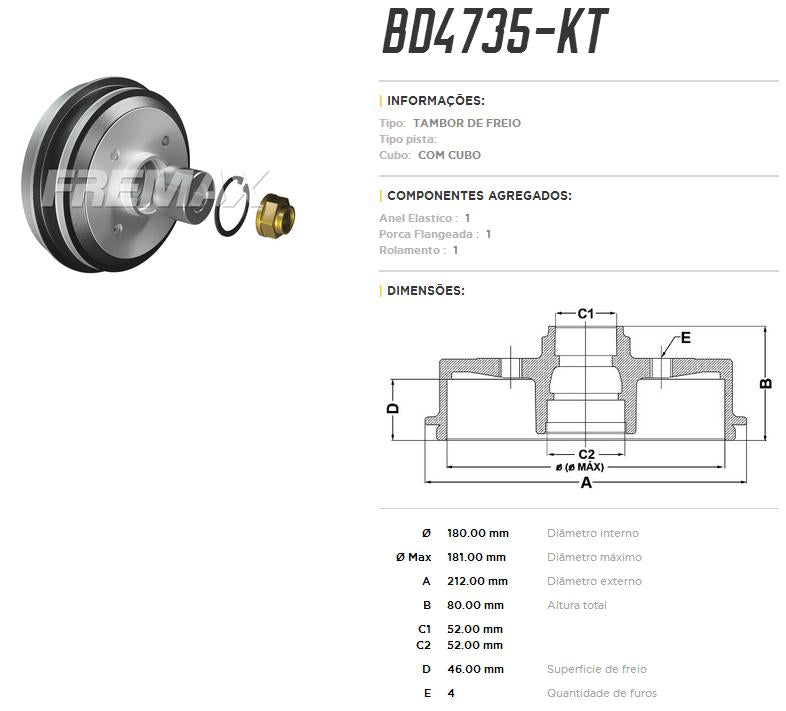 Tambor de freio traseiro FreMax BD4735KT