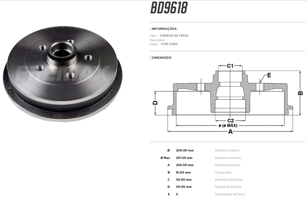 Tambor de freio traseiro FreMax BD9618 Vw Fox