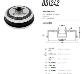 Tambor de freio traseiro FreMax BD1242