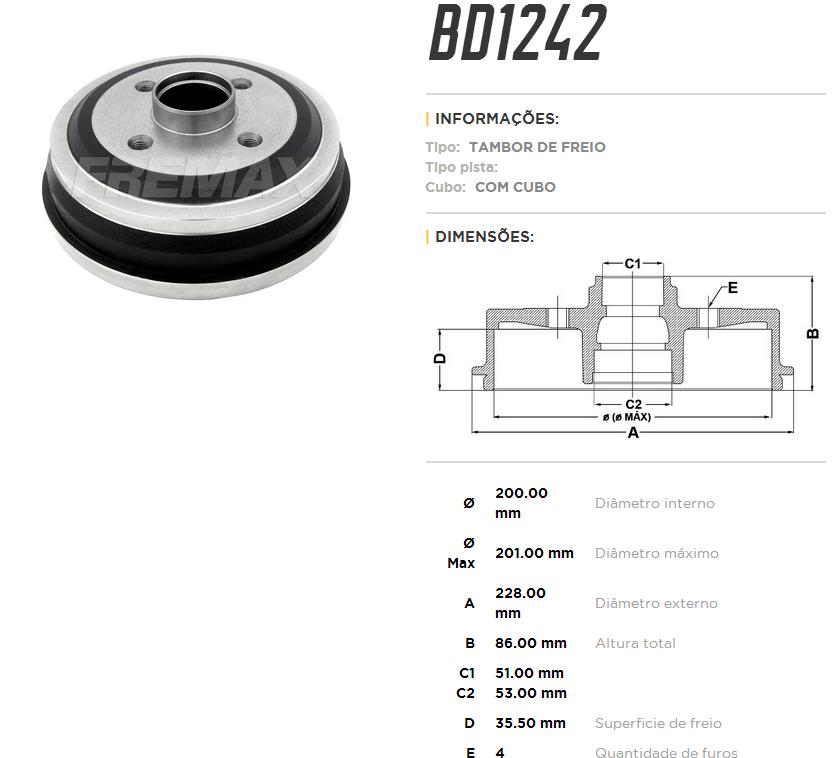 Tambor de freio traseiro FreMax BD1242