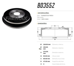 Tambor de freio traseiro FreMax BD3552