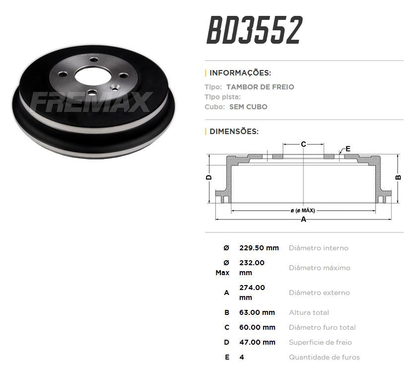 Tambor de freio traseiro FreMax BD3552