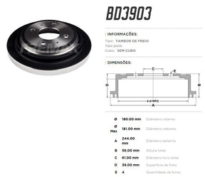 Tambor de freio traseiro FreMax BD3903