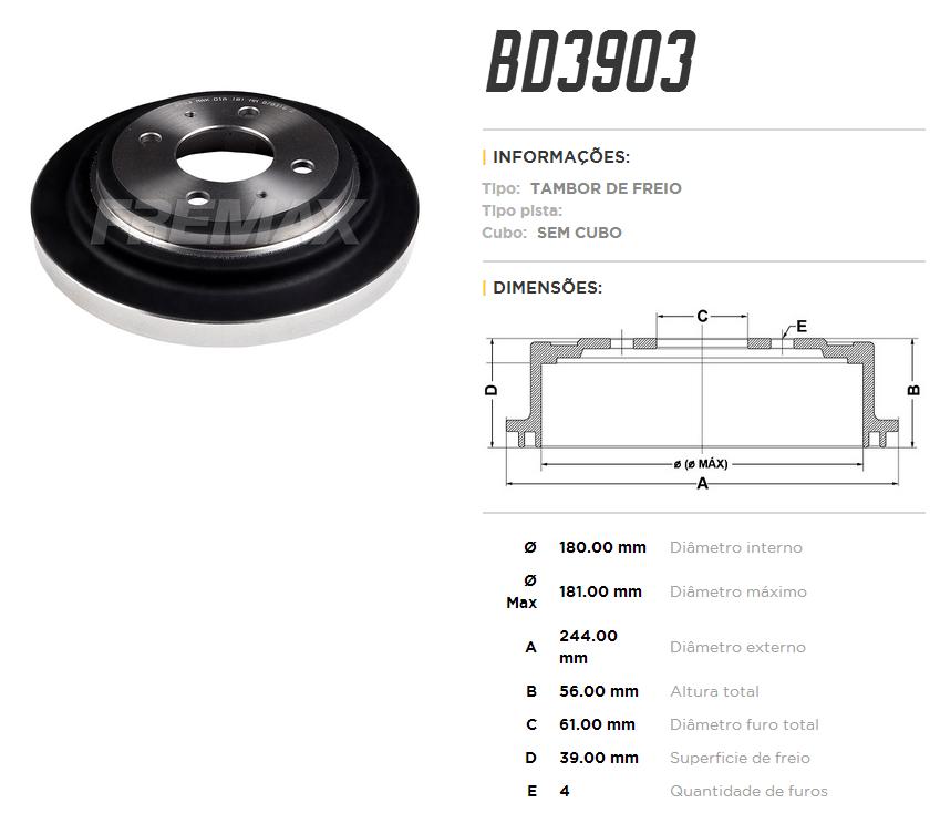 Tambor de freio traseiro FreMax BD3903