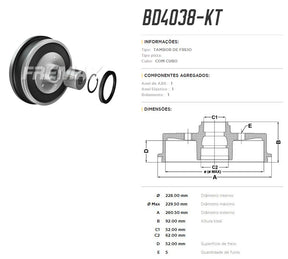 Tambor de freio traseiro FreMax BD4038KT