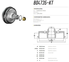 Tambor de freio traseiro FreMax BD4735KT