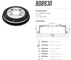 Tambor de freio traseiro FreMax BD8930