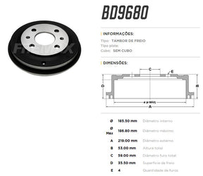 Tambor de freio traseiro FreMax BD9680